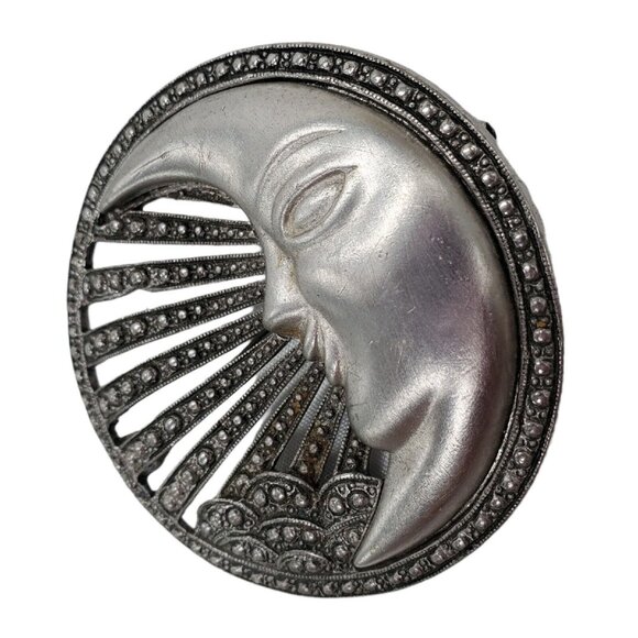 Vtg Man in the Moon Brooch Pin Signed Tona Pewter Silver Tone Faux Marquisite - Picture 4 of 9